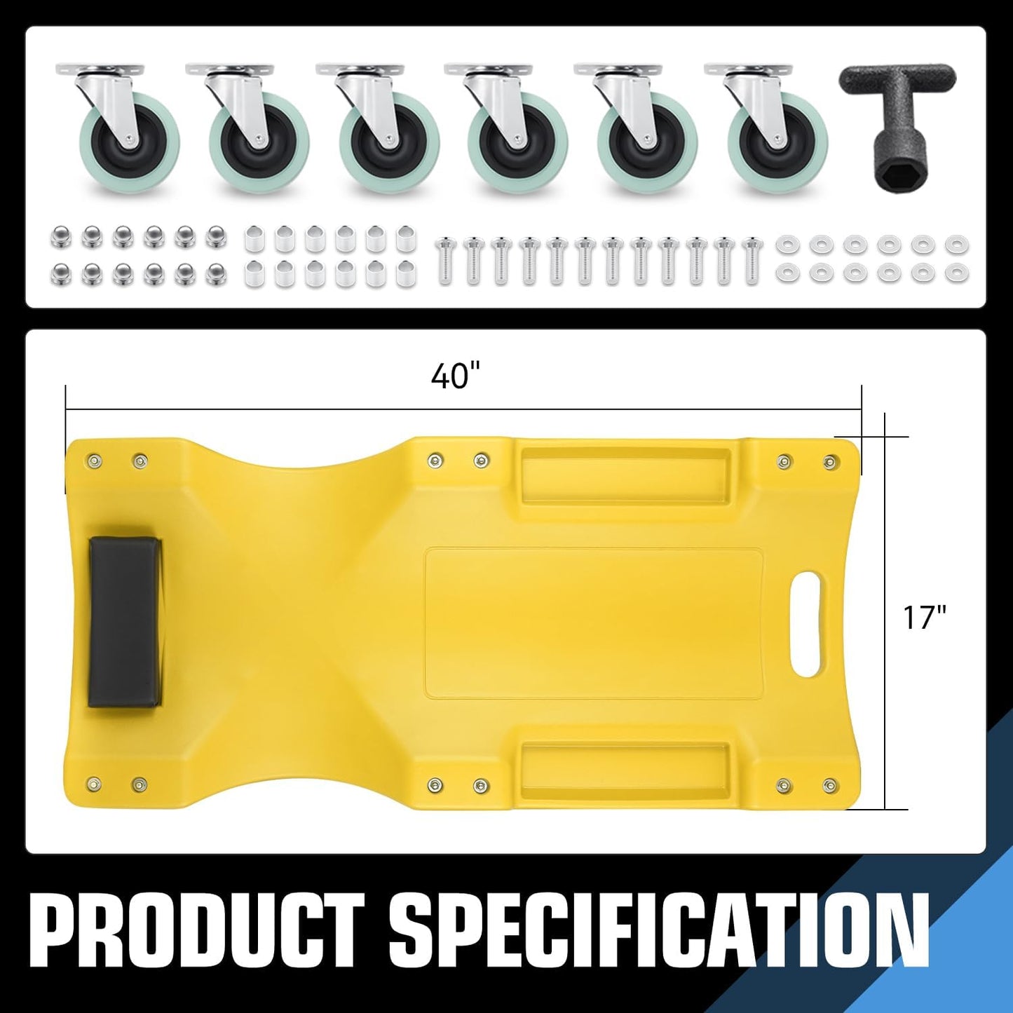 DNA MOTORING 40" L X 19" W Vehicle Repair Low Profile Plastic Rolling Garage Shop Creeper with Padded Headrest,Tool Trays & 6pcs Casters, Yellow, TOOLS-00217-YL