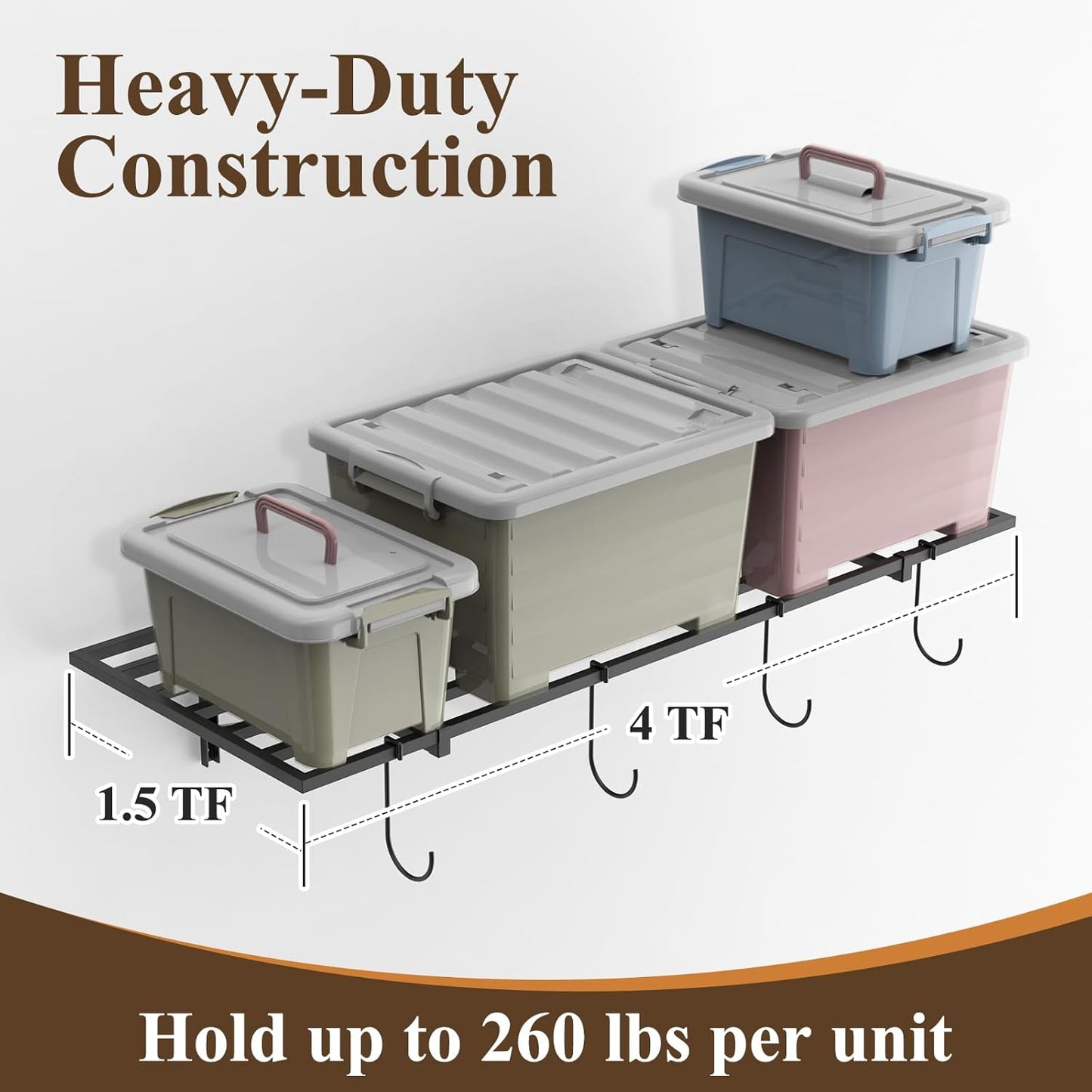 PEKGRIL Garage Wall Shelving Set of 2, 1.5X4 ft Garage Wall Shelves with 8 Hooks, Heavy Duty Wall Mounted Storage Shelf, Loads 260 lbs Each Metal Wall Shelf, Black