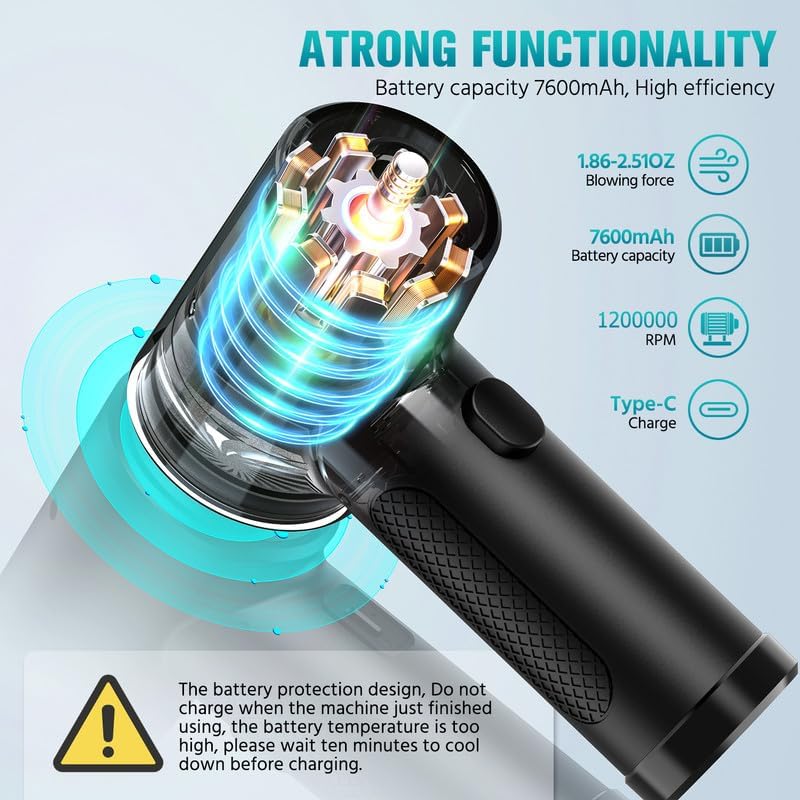 Electric Air Duster & Blower, 120,000RPM Compressed Air Duster for PC/Keyboard/Car, 7600mAh Rechargeable, 3-Speed LED Fan, No Canned Air - Keyboard Cleaner, Turbo Fan, PC Cleaning Kit