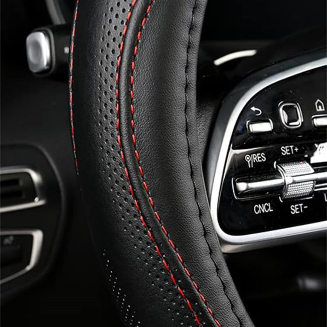 Cowhide Steering Wheel Cover Heat Resistant Anti-Slip Car Wheel Wrap Compatible with Most Makes and Models of Cars and Trucks with 14.5 to 15 Inch Steering Wheel(BlackRed)