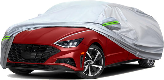 TUCAREST 6-Layers Premium Full Car Cover Hard Shell Zipper Design Waterproof All Weather Weatherproof UV Sun Protection Snow Dust Storm Resistant Outdoor with Straps (Fit for Sedan 165"- 181")