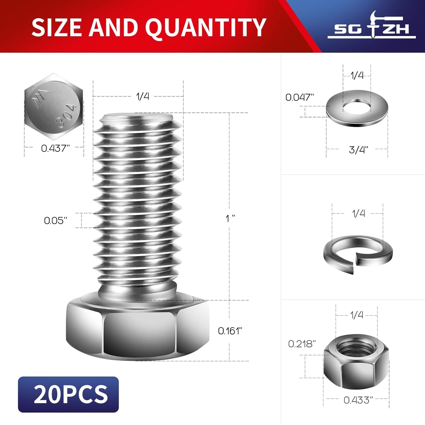 1/4-20 x 1" Hex Head Screw Bolt, Nuts, Flat & Lock Washers, 20Pcs 18-8 (304) Stainless Steel, Fully Threaded, by SG TZH