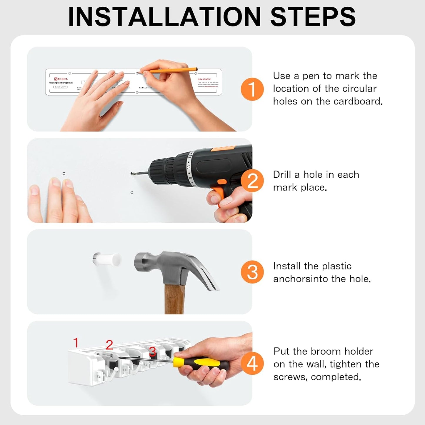 nacena Broom Holder Wall Mount, 2 Packs White Wall Hanging Garden Tool & Utility Closet Organizer Mop & Broom Hook Wall Mounted Heavy Duty Broom and Mop Organizer Wall Hanging for Bathroom, garage