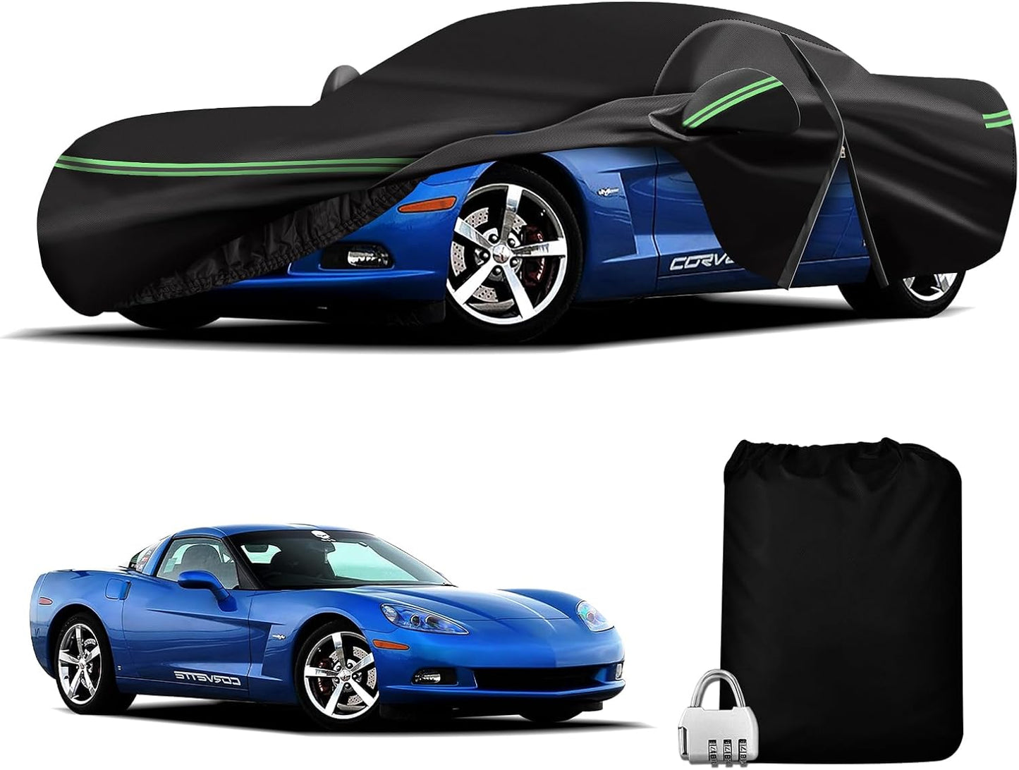 for Corvette 2005-2013 C6 Car Cover 210D Outdoor Waterproof UV Protection, with Cotton Layer, Zipper Door, Reflective Strip, Storage Bag, for Chevy C6