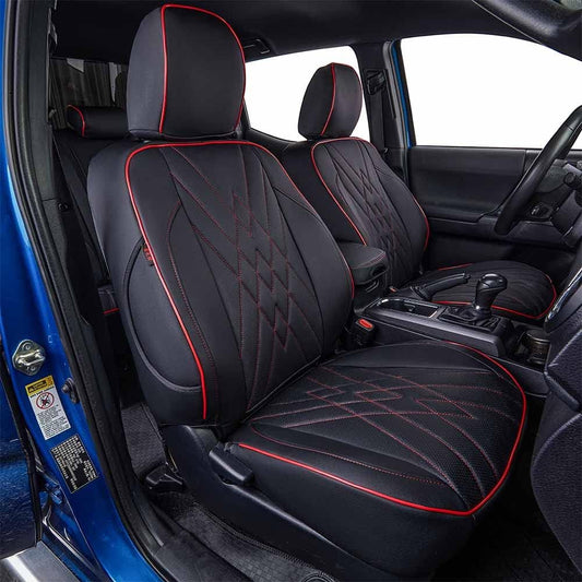 EKR Tacoma Front Car Seat Covers for Toyota Tacoma 2012 2013 2014 2015 (Regular Seats) Custom Leather Truck Seat Cover - Front Row Only, Leather (Black with Red Trim)