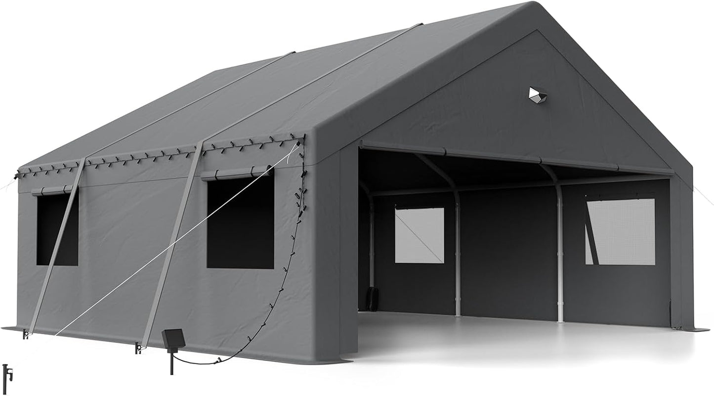 20x20 Carport Canopy, Heavy Duty Car Port, Portable Car Ports Garage with 2 Roll-Up Zipper Drive Through Doors, Grey