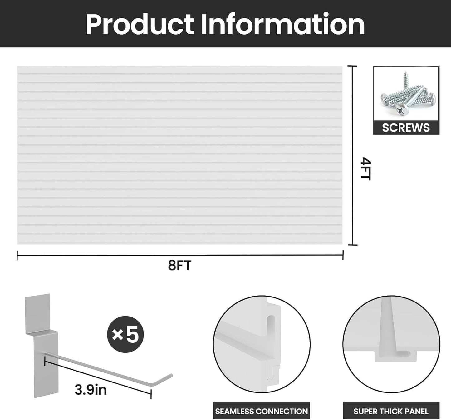 Slatwall Panel Wall Storage Systems, 4x8 ft Slat Wall Paneling Garage Wall Organizer with Five Hooks, Heavy Duty Wall Mounted PVC Wall Rack, White