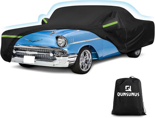 QUNSUNUS Waterproof Car Cover for Chevrolet Bel Air/150/210 1950-1957 Sedan/Coupe/Hardtop, All Weather Outdoor Car Covers with Zipper, Straps and Elastic Edge
