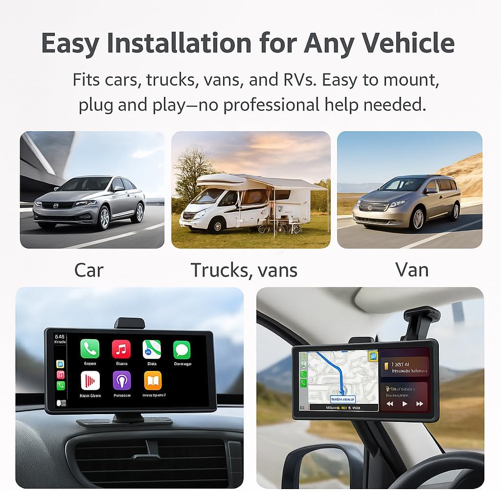 Portable Apple CarPlay & Android Auto – 10.26" Wireless Car Stereo, 4K Dash Cam, 1080P Backup Camera, Voice Control, GPS Navigation, Bluetooth, Mirror Link, Portable Touchscreen Display