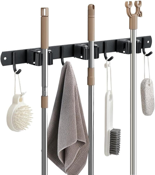 Broom Hanger and Mop Holder, Heavy Duty Garden Tool Organizer Rack Rake and Shovel Handle, Stainless Steel Wall Mounted Utility Rack with Screws (3 Racks with 4 Hooks, Matte Black).