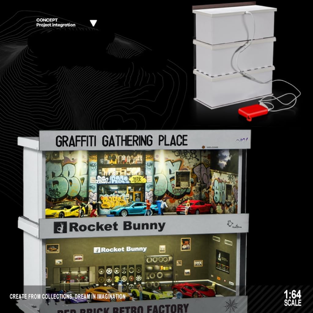 Display Case for Hot Wheels: Stackable Parking Garage for 1/64 Scale Matchbox Toy Car, FoamBoard Storage for Monster Trucks with LED Light and Acrylic Cover, 2025 Upgraded Rocket Bunny