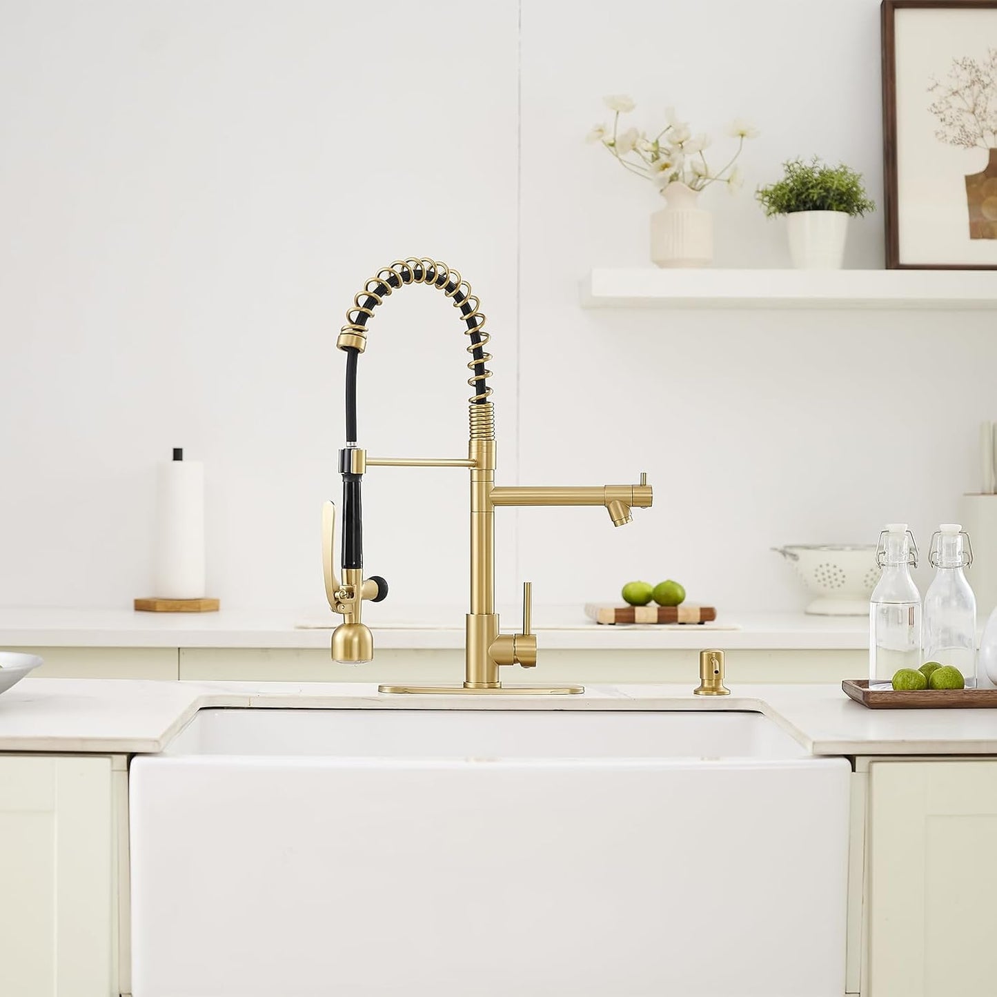 Fapully Commercial Kitchen Faucets with Pull Down Sprayer Brushed Gold LED Single Handle Faucet for Kitchen Sink, Kitchen Faucet with Soap Dispenser and Deck Plack for 4 Hole