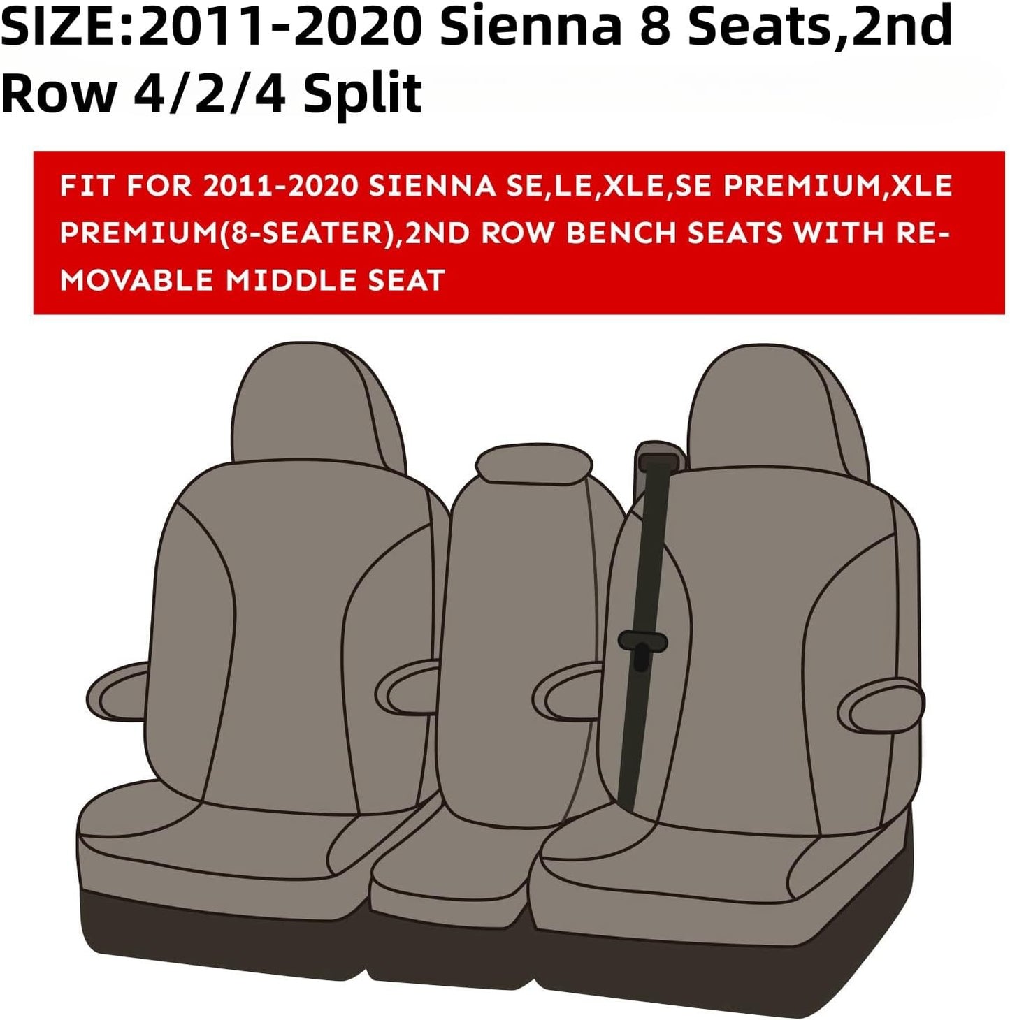 EKR Sienna Seat Covers for 2011-2020 Toyota Sienna LE,XLE, SE,XLE Premium 2nd Row 4/2/4 Split,8 Seats,Waterproof Car Seat Cover Full Set,Car Seat Protectors- Three Row,Leather(Black)