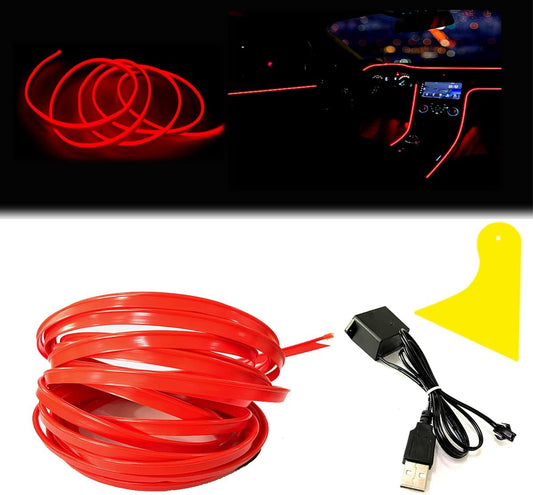 El Wire Red Interior Car LED Strip Lights, 10M Neon Wire USB 5V with Fuse Protection for Automotive Interior Decoration, with 6mm Sewing Edge