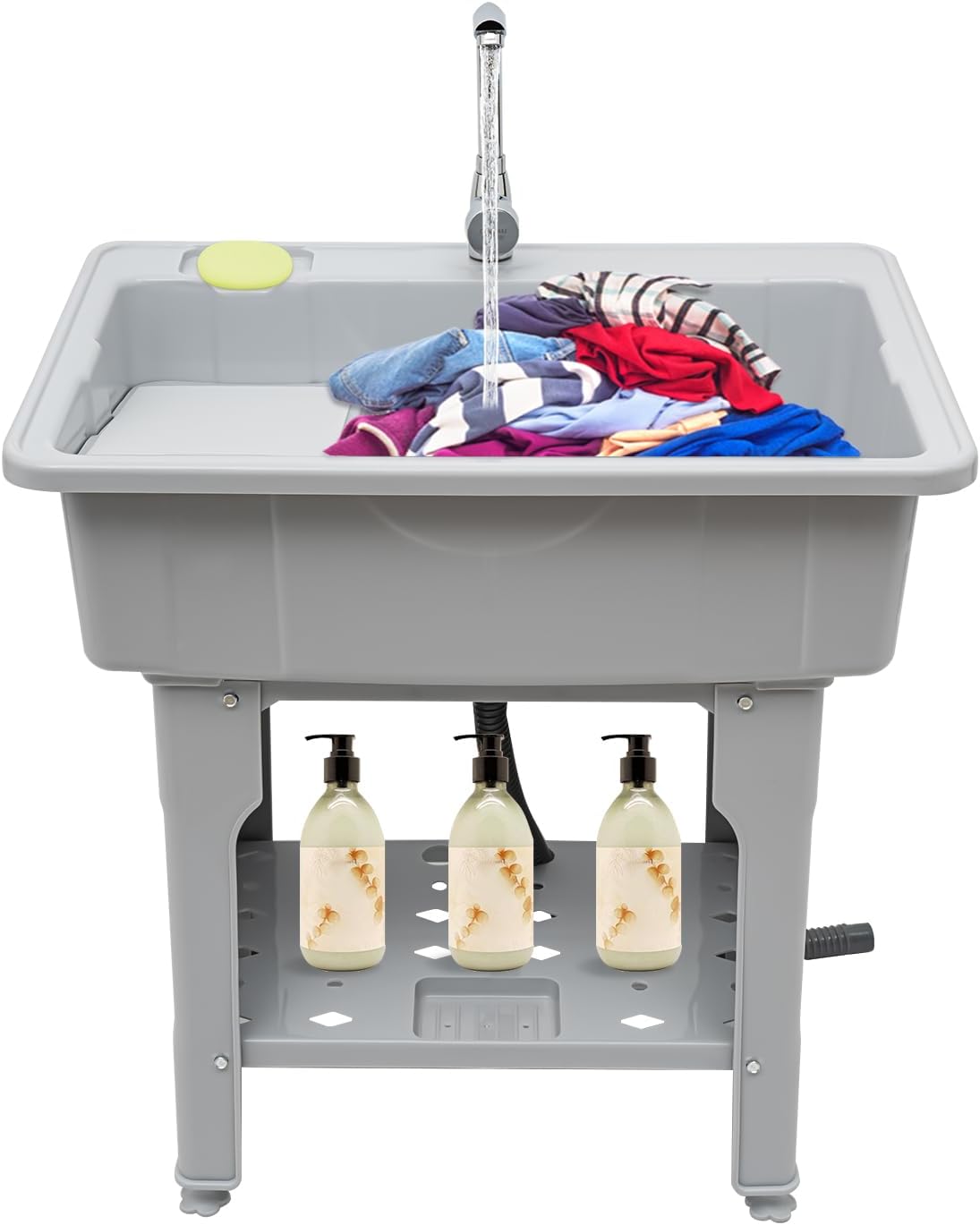 Freestanding Utility Sink Plastic Laundry Tub Spacious Sink with Storage Shelf Indoor Outdoor Wash Station for Bathroom Washing Room (Gray, 31.5*22.05*31.5in)