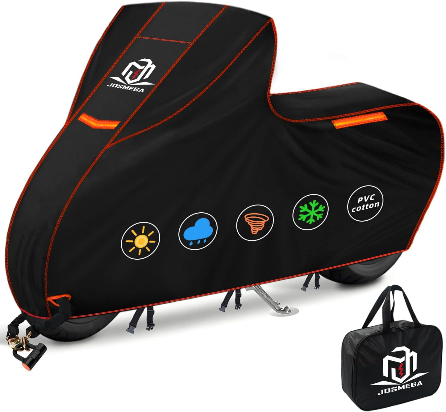 Motorcycle Cover | Heavy Duty PVC | Soft Inner Cotton | Waterproof Outdoor | All Season Universal | 4 Reflective Strips | 3 Windproof Straps | 1 Lock Hole | 1 Storage Bag | (Black, XL, 97")