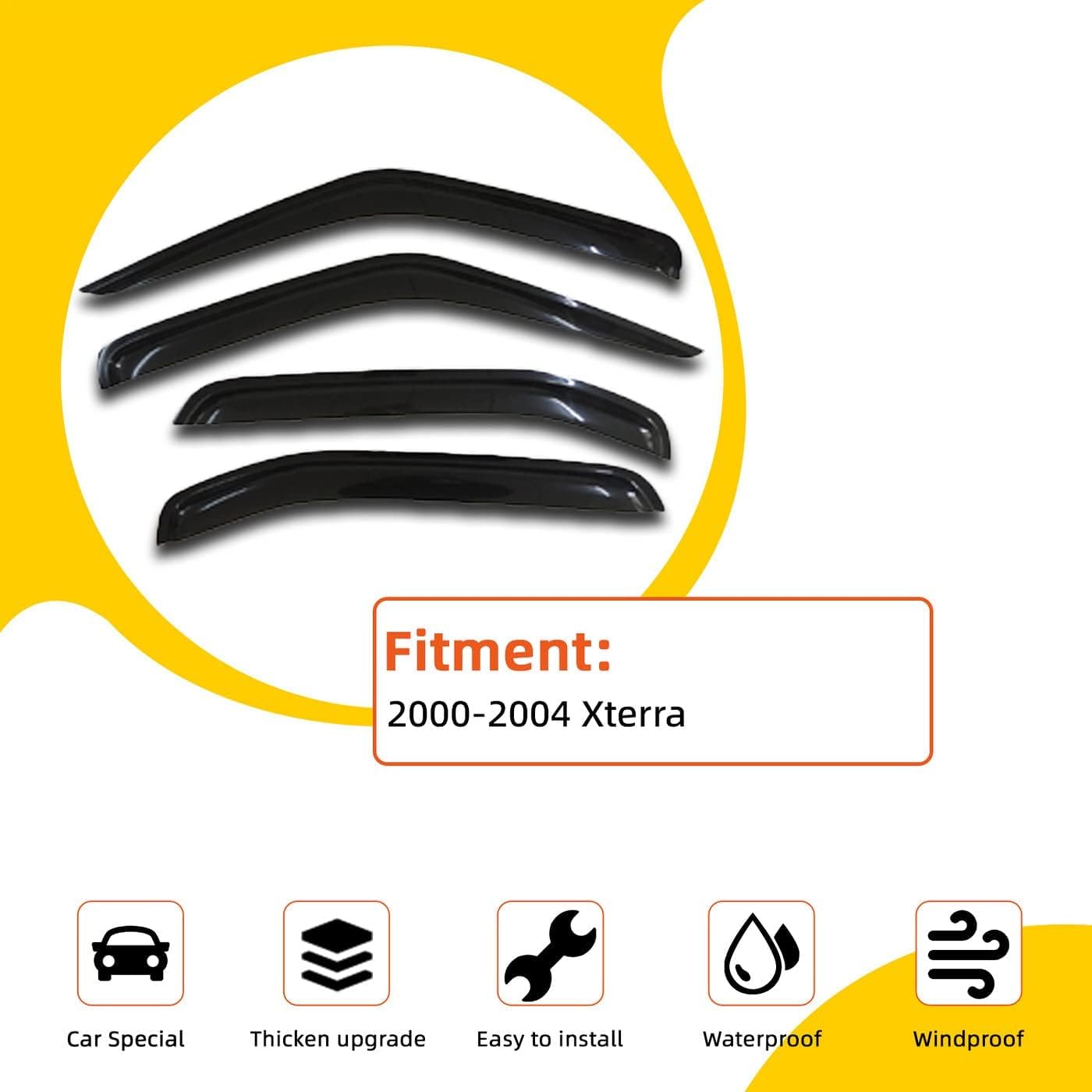 4 pcs Compatible with 2000-2004 Nissan Xterra Front+Rear Sun/Rain Guard Outside Mount Window Visors