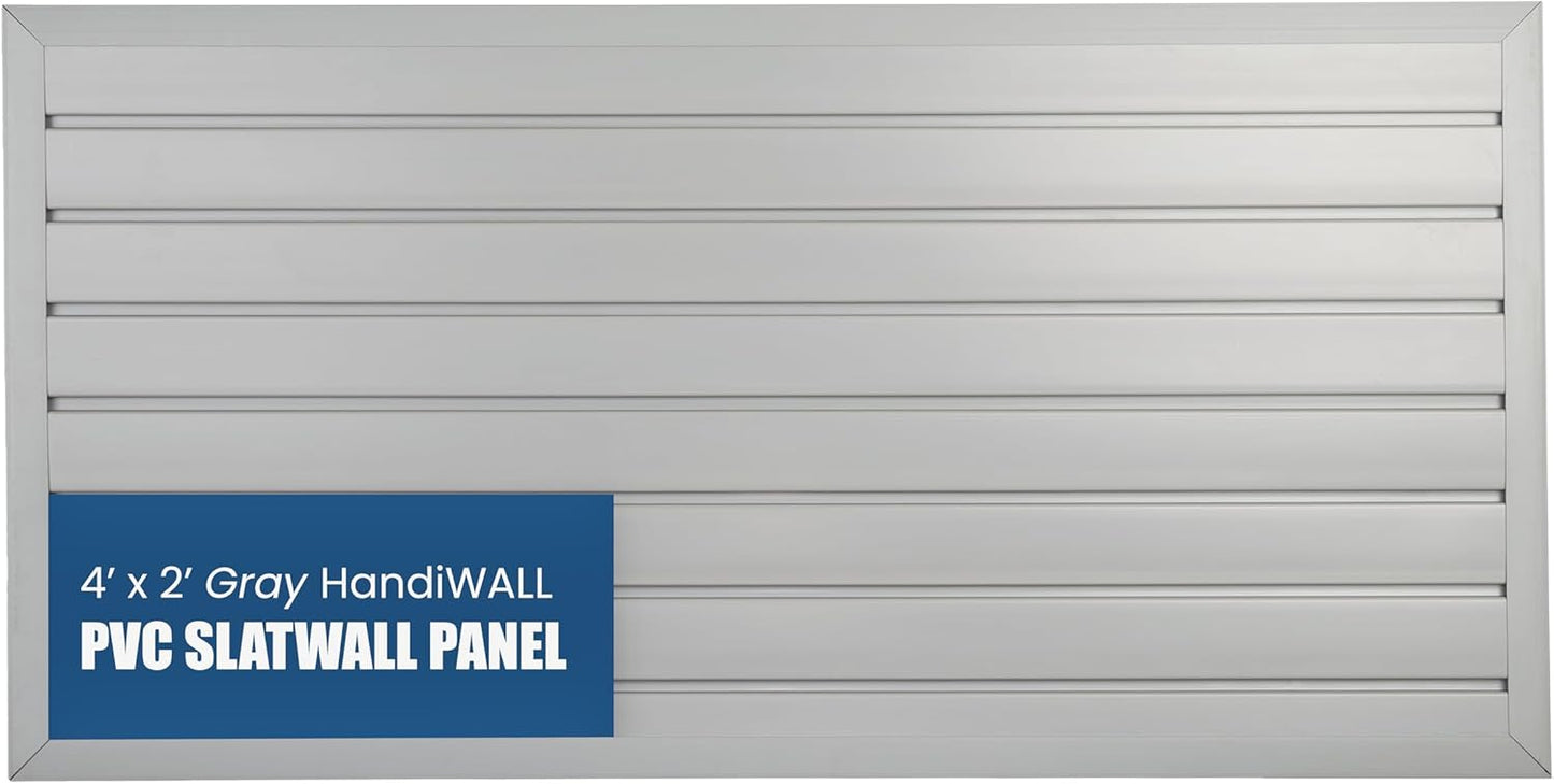 HANDIWALL (GRAY) PVC Slatwall Garage Wall Organizer, 4x2ft Heavy Duty Framed Slatwall Panel Storage Kit, Wall Mount Organizing Storage System For Slatwall Accessories