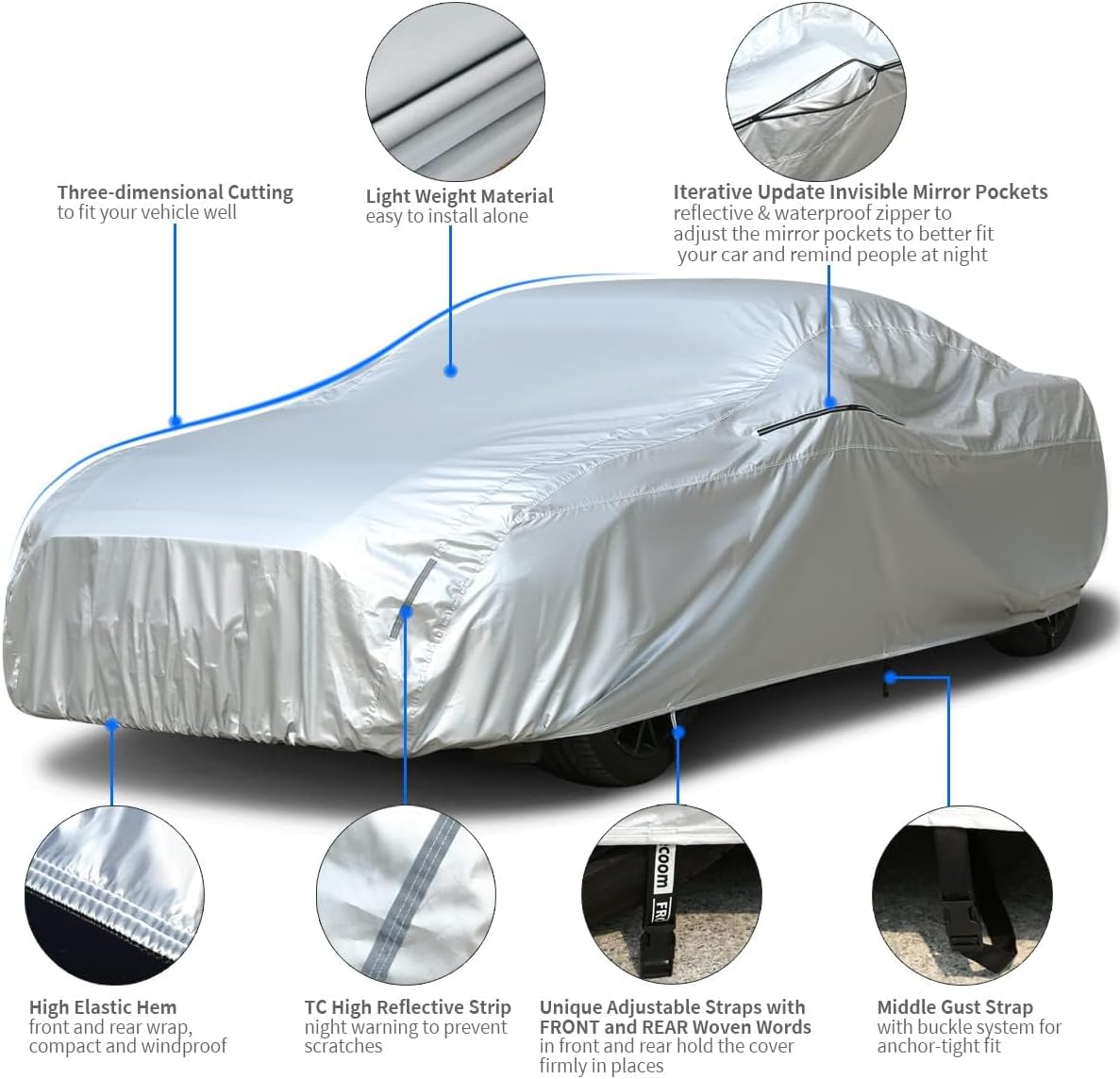 Tecoom Car Cover Waterproof All Weather,Light Shell UV-Proof Windproof Indoor Outdoor Car Covers for Autombilas Without Door Zipper & Mirror Pockets Fit Coupe/Convertible/Sport Car (167-172 Inches)