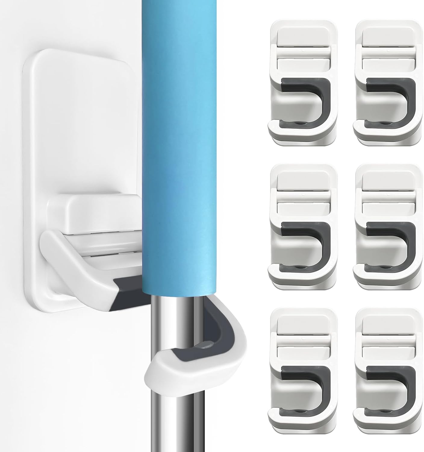 Broom Holder Wall Mount, 6 Pack Broom and Mop Organizer Wall Hanging Self Adhesive, No Drilling, Anti-Slip Broom and Mop Hanger Wall Mount Cleaning Ideal for Bathroom, Kitchen, Garden, Garage