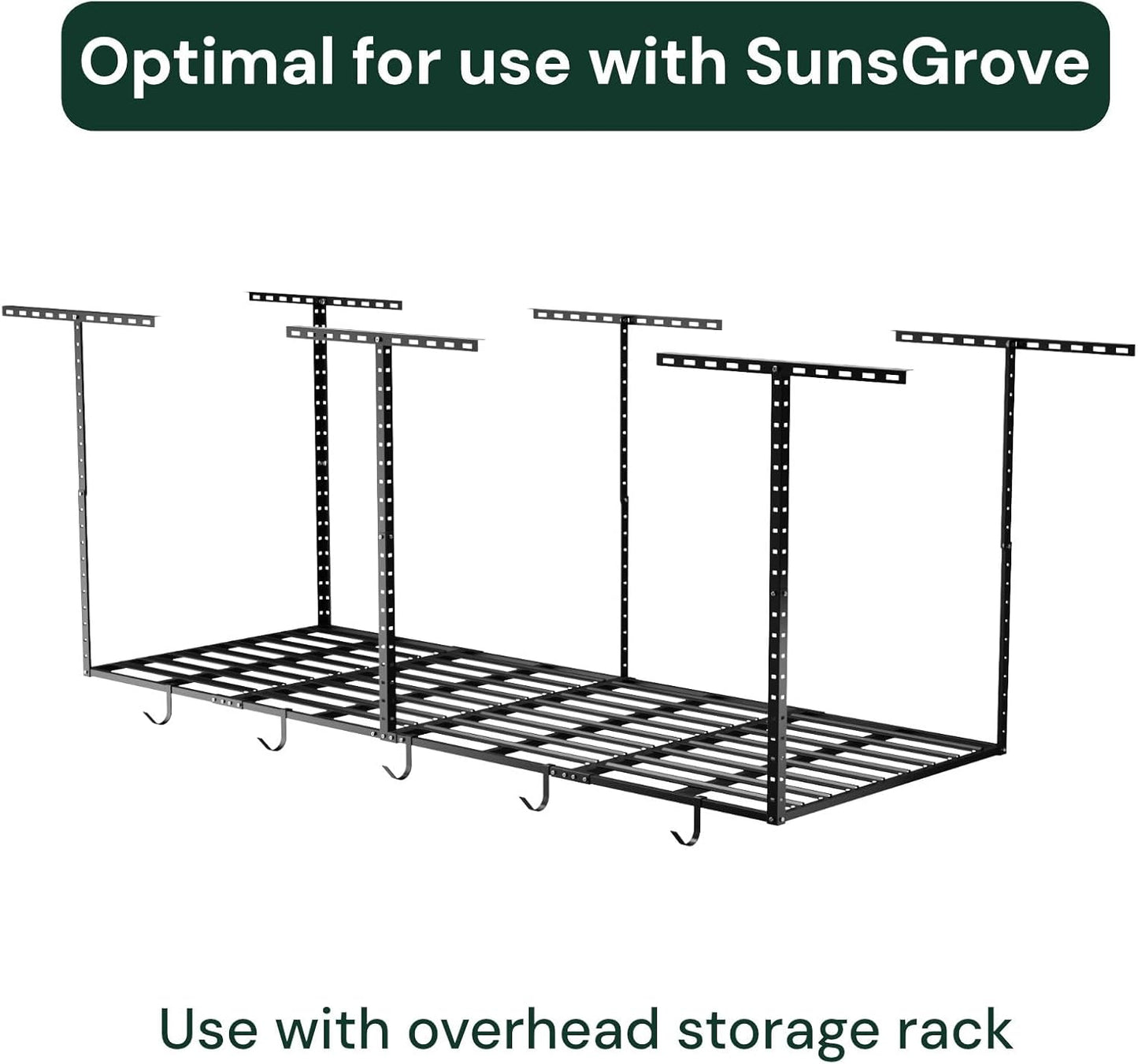 SunsGrove Heavy-Duty 4-Pack Overhead Garage Ceiling Storage Hooks, Add-On Storage Rail Hook Accessory for Hanging Bikes and More, Supports Up to 66lbs