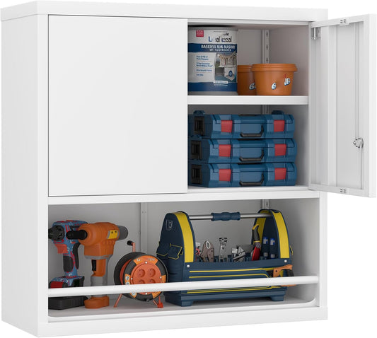 GREATMEET 31" H Locking Metal Garage Storage Cabinet with Doors and Shelves, Lockable Wall Cabinet Storage, White Steel Wall Mount Cabinet Hanging Floating for Office Utility Room