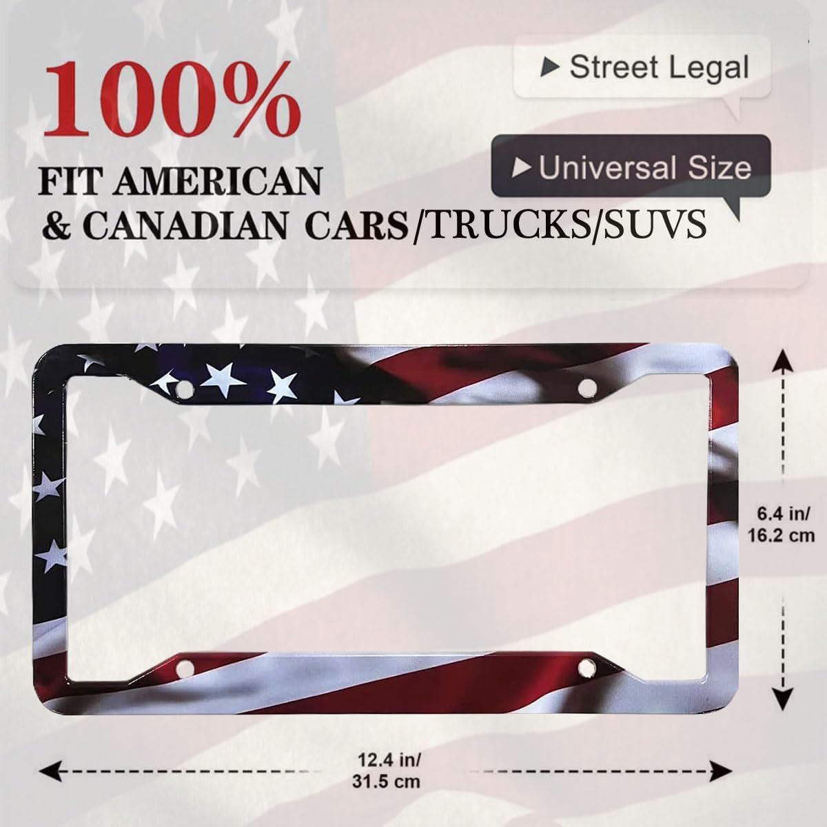 2Pack American Flag License Plate Frame - Rustproof Aluminum Patriotic Car Tag Holder Bracket Fits All Vehicles, US Flag License Plate Frame with Screws Included