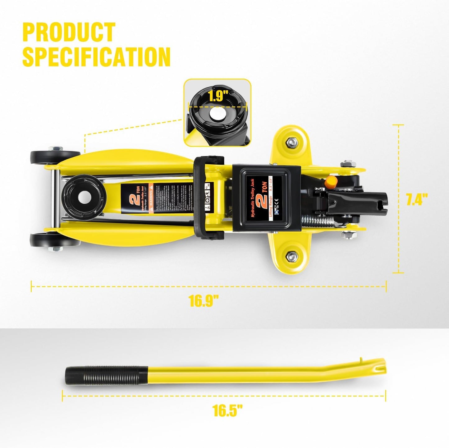 DNA MOTORING Low Profile Hydraulic Trolley Service/Floor Jack, 2 Ton (4000 lbs) Capacity, Lifting Range 5.1"-13", Yellow, TOOLS-00474-YL