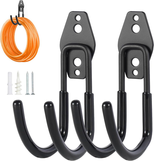 Hose Hanger Wall Mount 2 Pack,Heavy Duty Hose Holder with Screws Metal Hose Hangers for Outside,Hose Rack Suitable for Garage,Garden and Yard,Black