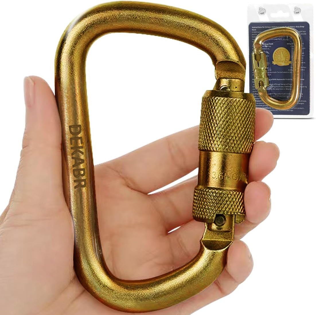 DEKABR Heavy Duty Alloy Steel Auto-Locking Climbing Carabiner - 45KN Twist Lock Carabiner for Rock and Tree Climbing, Quick Release, Rescue, and Mountaineering. ANAB Certified, 4.21-inch, Large, Gold