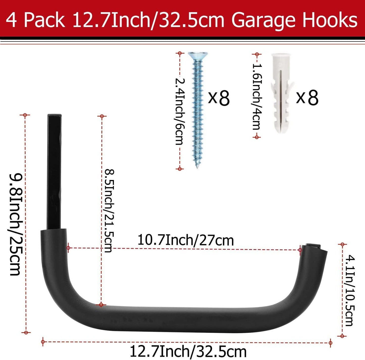 Large Garage Storage Hooks, 12.4 Inch Heavy Duty Garage Storage Organizer Wall Mount Hanging Hanger, Each Max Load 100lbs