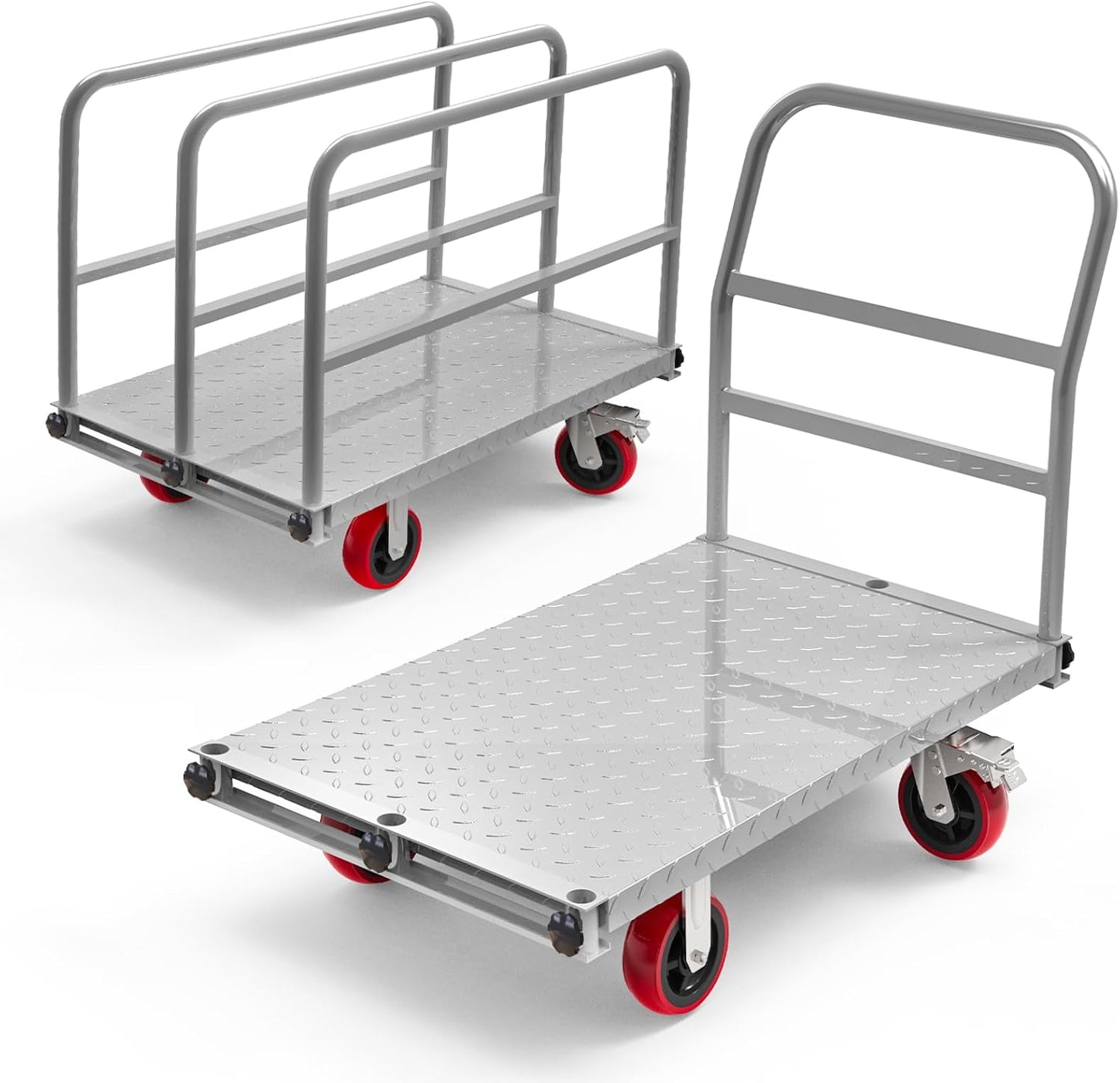 2IN1 Steel Panel Truck Cart, Lumber Cart Drywall Dolly，2500LBS Heavy Duty Flatbed Cart Dolly with 6" Swivel Brake Wheels, 40x24INCH 2MM Plate Platform Truck with 1Front and 3Side Handrails