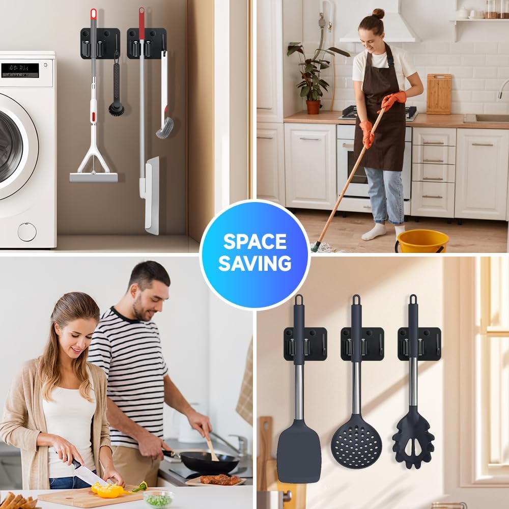 4-Pack Broom Holder with Heavy Duty Hooks, Upgraded Stainless Steel Mop Hanger. Wall Mount Utility Tool Rack for Kitchen Garden Laundry Garage. Matte Black.
