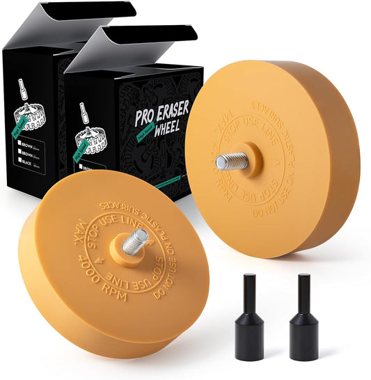 FOSHIO 2 Pack Decal Remover Eraser Wheel with Adapter 4 inch Rubber Eraser Wheel for Drill Removes Car Decal Vinyl Tape Graphics Pinstripe Sticker Adhesive Remover (2 Pack Solid)