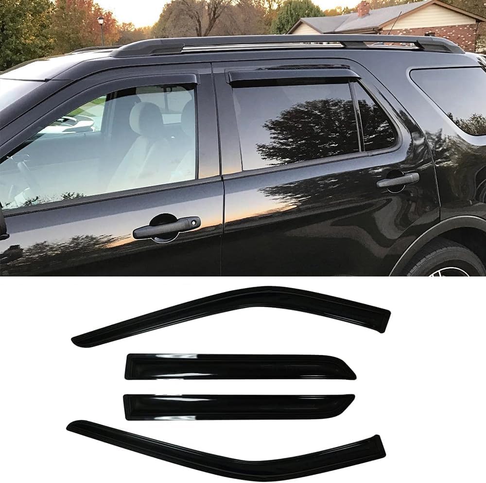94293 Side Window Wind Vent Deflector, 4pcs Out-Channel Tape-On Dark Smoke Rain Guards Set, Window Visor fit for 2011-2019 Ford Explorer