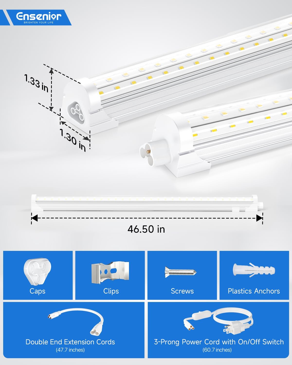 Ensenior 4 Pack 4 FT Led Shop Lights, 6000K Clear White, 5000LM Super Bright, 36W Equivalency 468W, Commercial Bay Lighting, U-Shaped Linkable Shop Lights Plug in for Garage, Workshop, FCC Certified