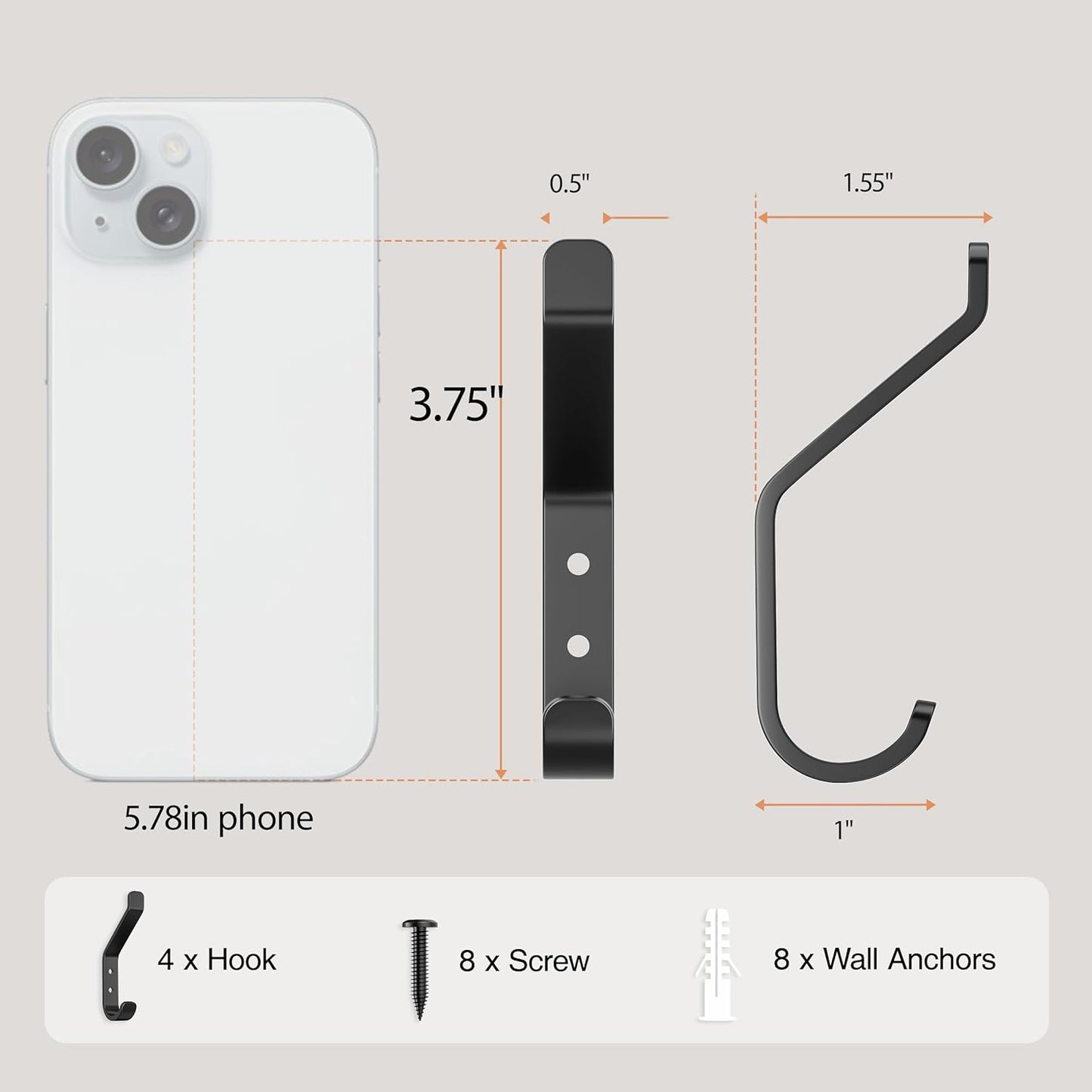 20-Pack Wall Hook for Hanging Coat - 20LB (Max), Stainless Hooks for Towel, Hat, Backpack, Clothes, Wall Mounted Coat Hanger for Closet, Metal, Black