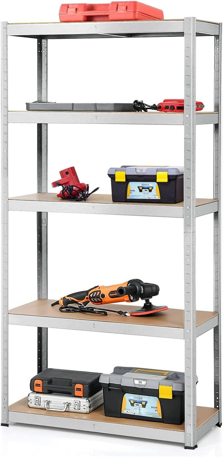 ERGOMASTER 5 Tier Utility Shelves Rack Garage Heavy Duty Steel Metal Shelving Unit with Adjustable Design, Bolt-Free Assembly & 385 LBS Wight Capacity Per Tier (1, Silver)
