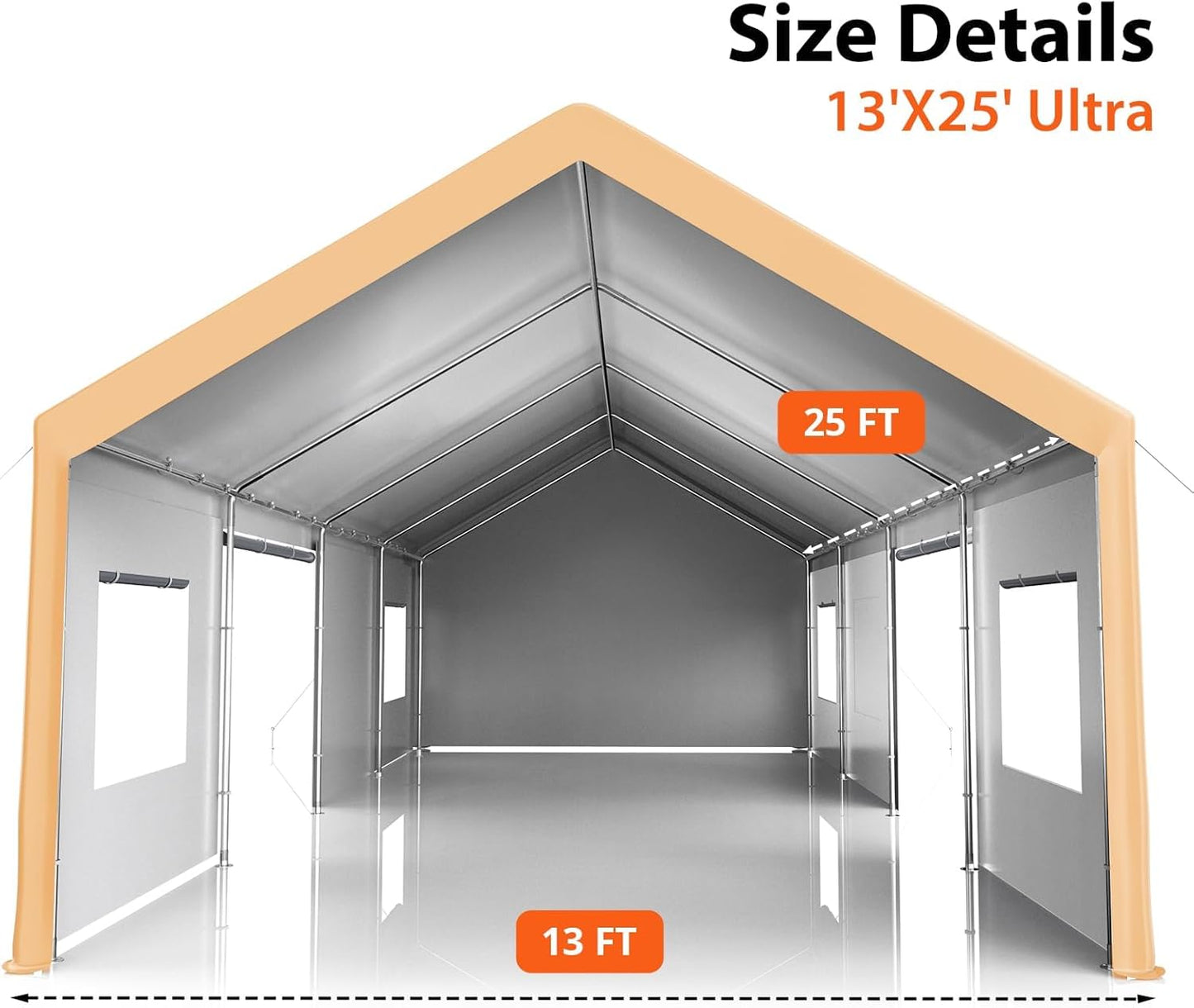13x25 FT Heavy Duty Carport, Oversized Portable Garage with 4 Doors & 4 Windows, Reinforced Frame, All Weather Protection Outdoor Shelter Canopy for Cars, Boats, Trucks, BBQ and Outdoor Gatherings