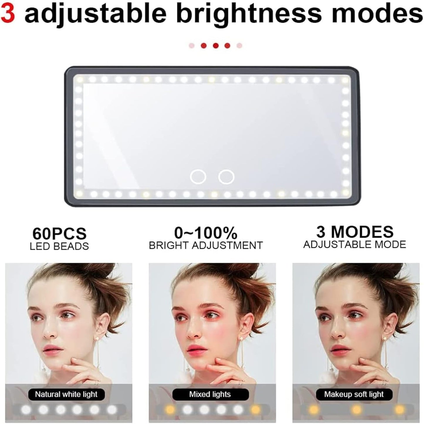 Car Visor Vanity Mirror with Rechargeable LED Lights, 3 Light Modes & Dimmable Touch Screen, Light Up Big Passenger Car Mirror Accessories for Women Girl, Universal for Truck SUV, Black