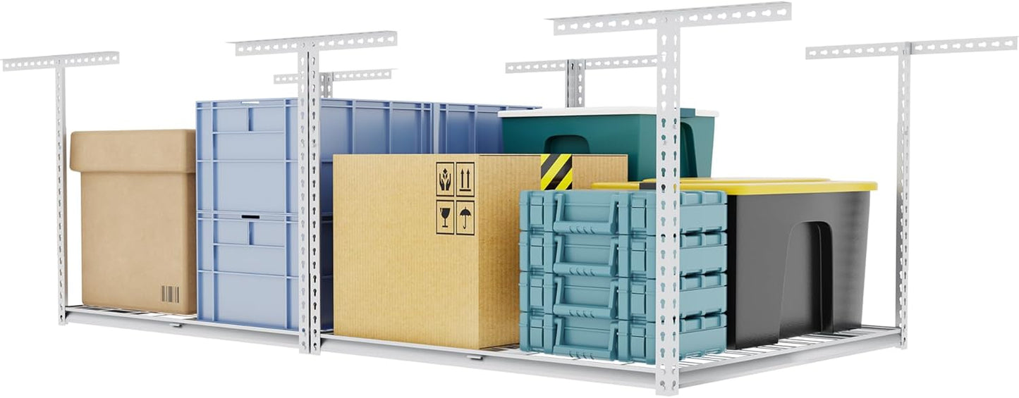 The Atlas 4 x 8 ft Adjustable Height Overhead Garage Storage Rack 900 lbs Heavy Duty Capacity White