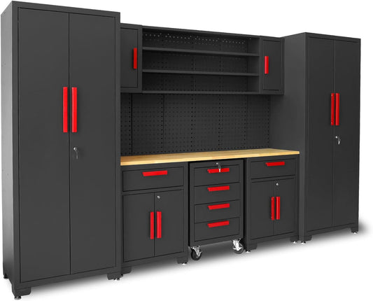 Torin Garage Storage Cabinets System, 8-Pcs Workshop Cabinet Set in Black, Included Steel Cabinets Drawers Rolling Chest and Pegboard,Locked Garage Storage Cabinet