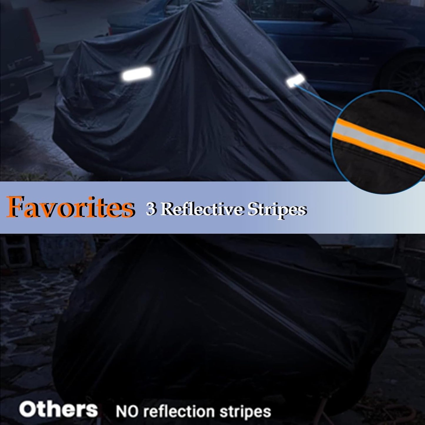 Motorcycle Cover, 210D Oxford Cloth, with Reflective Stripes, Waterproof Outdoor Protection, All-Weather Universal car Cover, with Lock Holes and Storage Bag. (All Black, 96.5")