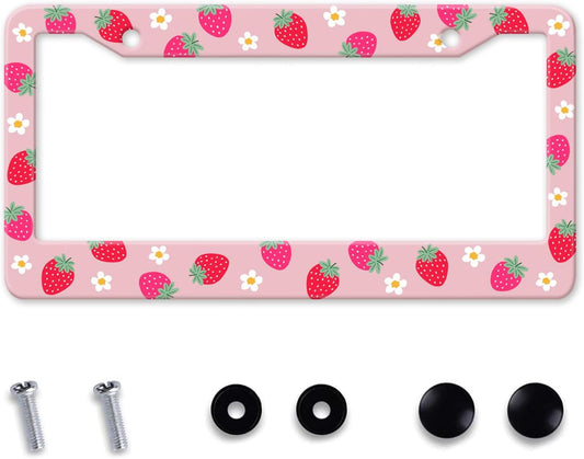 Cute Strawberry Printed License Plate Frame, Strawberry and Flowers Frames Holder Covers, Metal Aluminum Rustproof Car Accessories for Us Canada Standard Women Men 2 Holes with Screw Caps