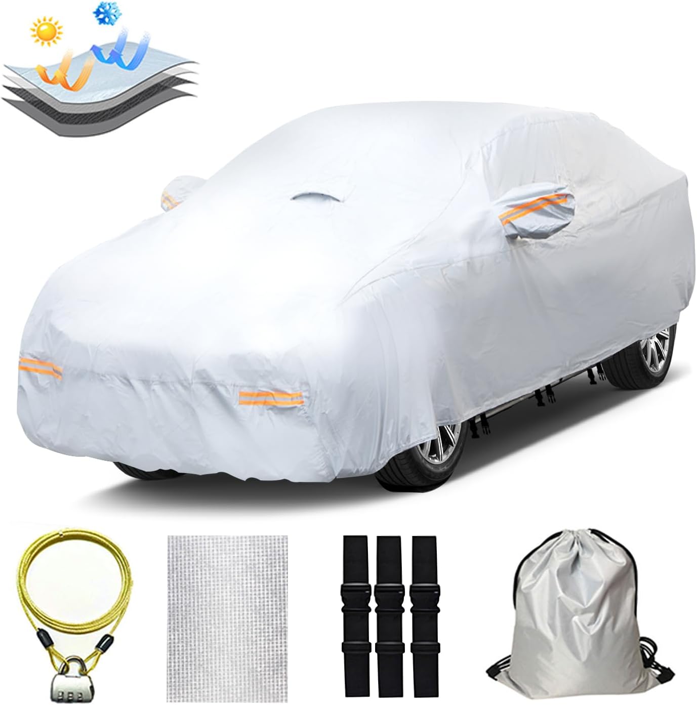30 Layers Heavy Duty SUV Car Cover for Automobiles All Weather Waterproof, Outdoor Snowproof UV Protection Windproof, Door Zipper, Soft Cotton Universal Car Covers (Silver, Fit SUV 191"-200")