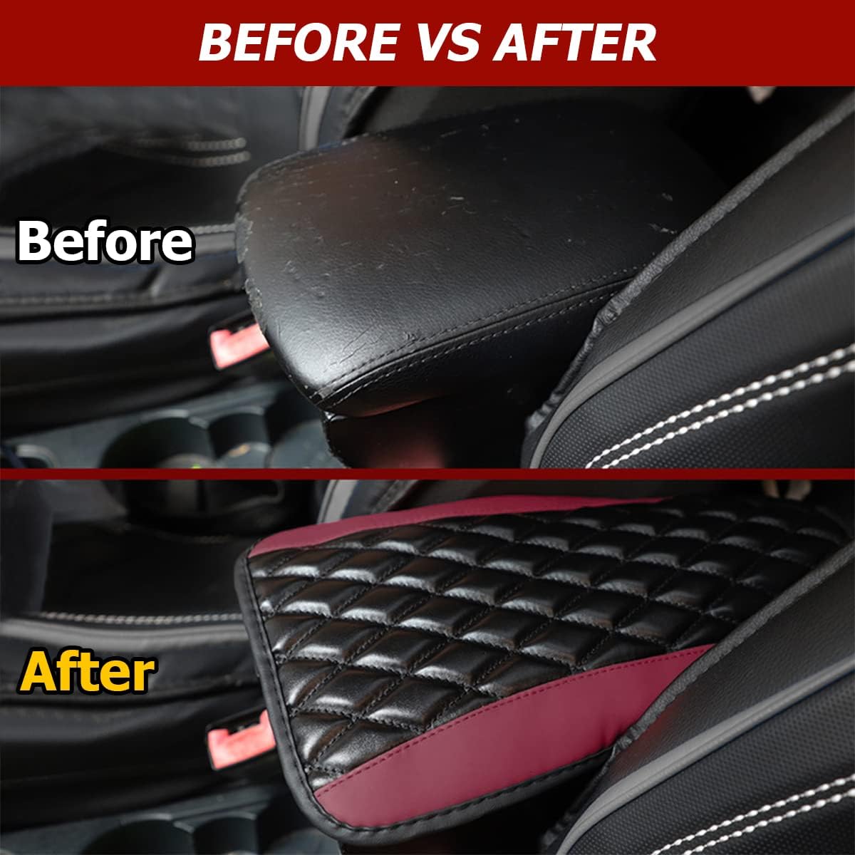 Car Center Console Cushion Pad, Universal Leather Waterproof Armrest Seat Box Cover Protector,Comfortable Car Decor Accessories Fit for Most Cars, Vehicles, SUVs (Wine Red)