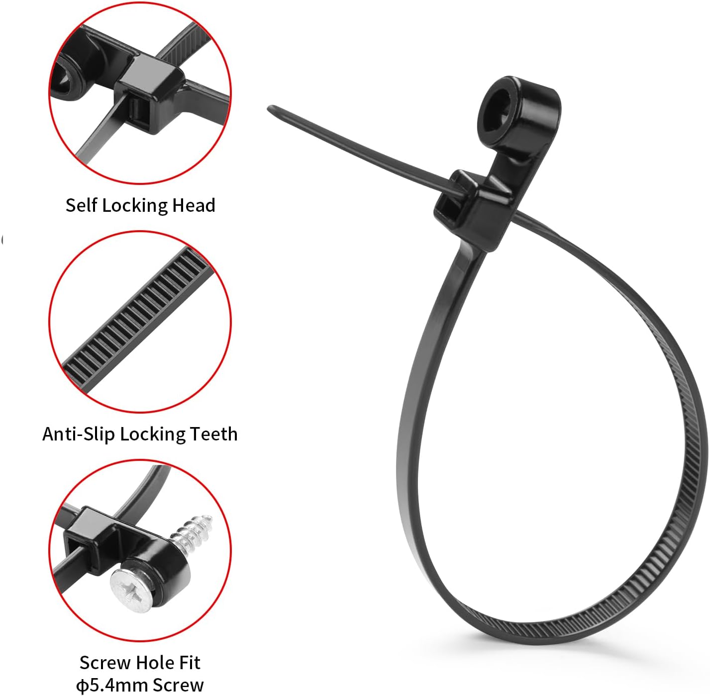 1000 PCS 10 inch Black Zip Ties with Screw Hole 70lbs Mountable head Cable Ties Straps Multipurpose Heavy Duty Nylon Cable Zip Ties with Screw Mounting Hole