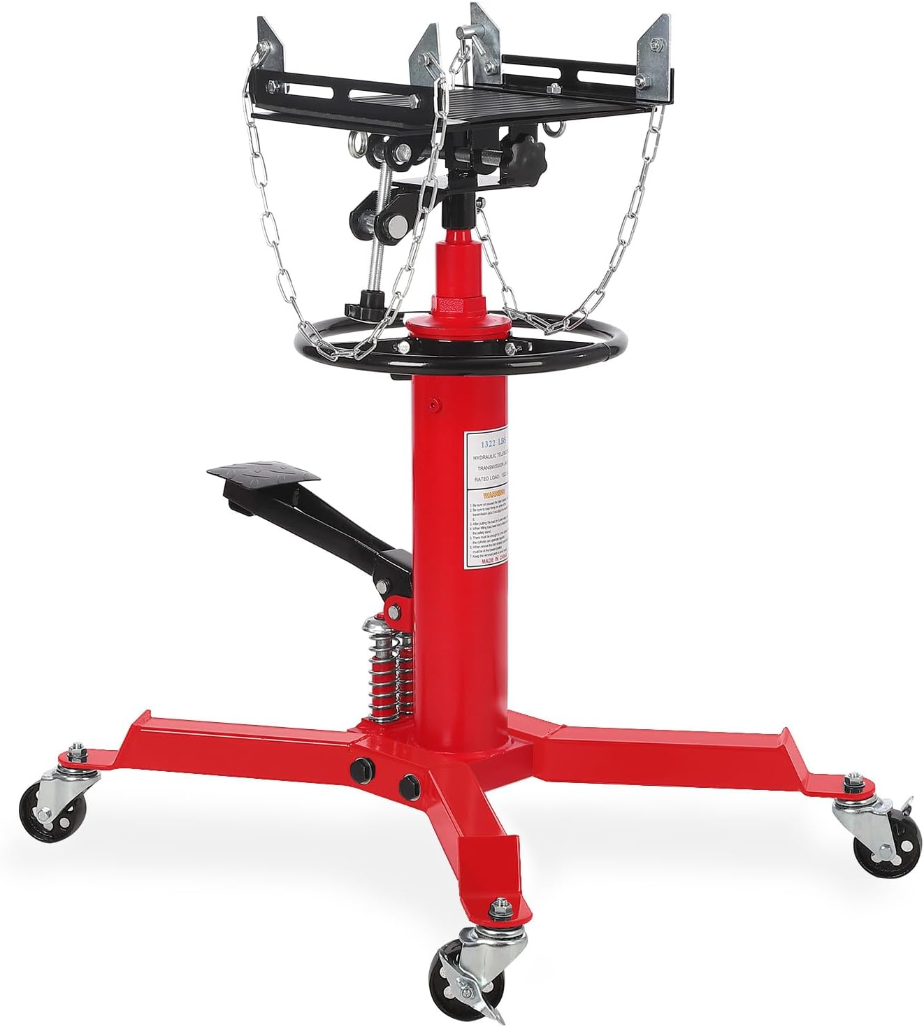 Dual Plunger Hydraulic Transmission Jack 1322lbs Capacity, 33.5"-69" High Lift 2-Stage Hydraulic Telescoping Jack, Trans Jack Stand with 8MM Non-Slip Pad, Foot Pedal & Swivel Wheel, Red
