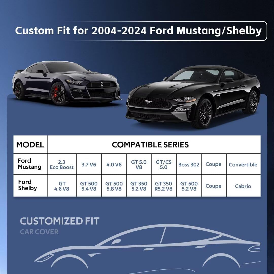 10 Layers Car Cover Custom Fit for Ford Mustang, Shelby, GT350, GT500 (1964-2024) Waterproof All Weather for Automobiles, Outdoor Full Cover Sun UV Rain Protection.Black