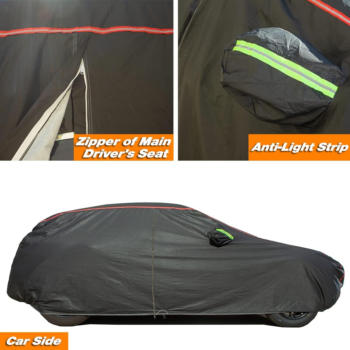 AUQDD 6-Layers PEVA New Material Sedan SUV Full Padded Car Cover Waterproof All Weather Weatherproof UV Sun Protection Snow Dust Storm Resistant Outdoor Exterior Custom Form-Fit Straps 165"-181"Black